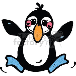 The image shows a cartoon of a happy penguin. The penguin has large, animated eyes with pink cheeks, suggesting it is cheerful. Its wings are raised as if it's celebrating or greeting someone. The penguin appears to be a stylized representation often found in children's books or used as a fun character in various media.
