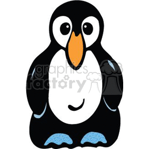 The clipart image features a cartoon of a penguin. The penguin is depicted with black and white body, characteristic of penguins' feathers, along with a bright orange beak and details suggesting flippers, which are blue in color. The penguin's pose is front-facing with a simple and friendly expression.