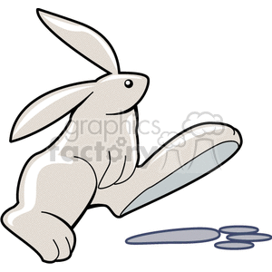 The image is a clipart of a cartoon rabbit or bunny positioned as if it is hopping or running. The rabbit is grey with pronounced long ears and large hind legs, indicative of the species' agility and speed. In front of the rabbit are stylized illustrations that could be interpreted as paw prints or possibly motion lines to suggest the movement of the bunny. 