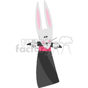 The clipart image displays a stylized illustration of a rabbit or bunny. This rabbit is popping out of a magician's hat, a common trick associated with magic shows. The rabbit is depicted with pink ears and a pink nose, wearing a bow tie, and it has its paws spread as if it has just been revealed. The black and gray colors of the magician's hat contrast with the light color of the rabbit, emphasizing the classic rabbit in a hat magic trick theme.