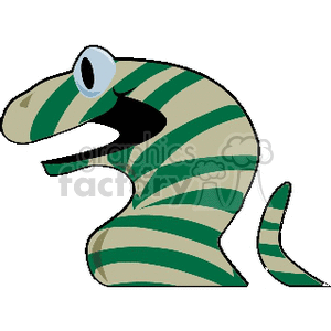 This clipart image features a cartoon snake. The snake has a green and lighter green striped body, a large eye with a white background and a black outline, and an open mouth with a visible black interior. Its tongue is not visible, and it has a simple, curved shape that suggests movement or animation.