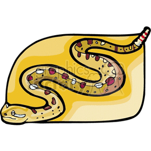The image depicts a cartoon of a coiled rattlesnake. It features the distinct rattle at the tail, which is characteristic of rattlesnakes. The snake has a pattern of markings along its back and an apparent flickering tongue.