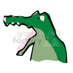 The image depicts a simplified or stylized representation of an alligator or crocodile head. It's a piece of clipart showing the green head of the creature with its mouth open, exposing pink inside.