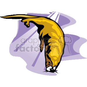 The clipart image depicts an animal, specifically an ermine, in a dynamic pose. It is stylized with a limited color palette, consisting mainly of yellows and blacks to represent the ermine's fur. The ermine, also known as a stoat in its summer coat, is shown in a leaping or diving action with its body curved, perhaps suggesting movement through water or diving into it. The background is minimal, with abstract purple shapes that do not clearly represent any particular environment.