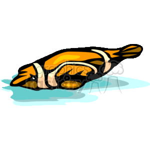The image depicts a stylized clipart of a seal. The seal is colored with a mix of black, orange, and beige patterns and appears to be lying on a blue surface, which could represent water.