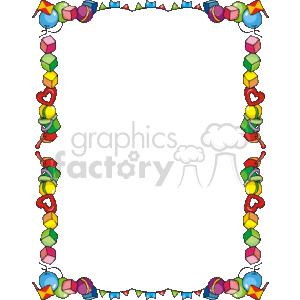 The image depicts a decorative clipart border that frames a blank central area. This border is composed of a series of geometric shapes, including squares, circles, triangles, and hearts, linked together by lines. These shapes are colored in a variety of hues, creating a vibrant and playful appearance. The border suggests a fun or festive theme and could be used for a variety of purposes such as invitations, flyers, children's activity sheets, or other decorative applications.