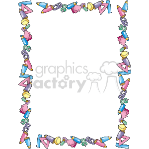 The clipart image features a decorative border made of colorful school supplies including pencils, crayons, scissors, and paper clips. This kind of playful border is often used for educational materials, classroom decorations, or children's craft projects to create a cheerful and school-related theme.