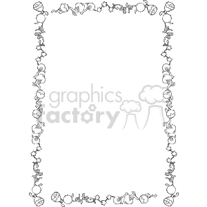 The clipart image features a decorative Christmas-themed border. This border includes various elements such as bells, baubles, stars, and foliage that are often associated with the holiday season. The design is symmetrically arranged along the border framing an empty central space which could be used to add text or other imagery. The style is monochromatic, using white elements on a black background, providing a classic and festive outline suitable for holiday-related content.