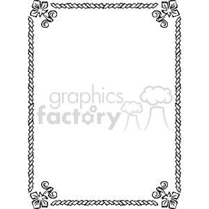 The image shows a decorative clipart border with a symmetrical design. It features what appears to be a rope or twisted cord pattern running along the sides of the rectangle, creating a frame-like structure. At each corner, there is a more elaborate flourish that includes elements resembling stylized flowers or ornate designs with petal-like shapes. The overall aesthetic of the border suggests it could be used for formal documents, certificates, or to adorn pages for special events. The color scheme of the clipart is monochromatic within the visible spectrum provided.