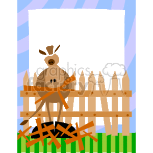 The image is a clipart featuring a stylized farm scene. It includes a brown horse with a light brown mane, standing behind a broken wooden fence. There are wooden fence planks that are broken and scattered in front. The background has a pattern of light blue and white, which could represent the sky, while the green bottom suggests grass. The horse appears to be in silhouette with simplistic details like eyes and a snout. The image gives a playful and whimsical representation of a horse on a farm, with a focus on the broken fence.