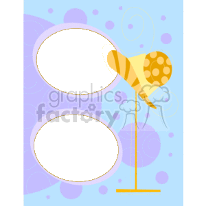 The image is a stylized, decorative clipart featuring two empty oval frames or borders, which could serve as placeholders for text or images. To the right, there's a graphic of a whimsical hat on a stand, with a playful design that includes yellow and orange colors as well as polka dots. The background is purple with light purple circles and swirls, adding to the overall playful and creative theme of the clipart.