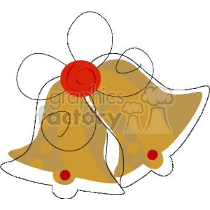 The image is a simple, stylized clipart of two Christmas bells. They are golden-yellow in color with red accents, possibly representing the bells' clappers. The bells are adorned with a red bow at the top and have what appears to be a dotted pattern decorating their surface. The bells overlap slightly and are connected by the bow, suggesting a festive holiday decoration. The image also includes loose, squiggly lines around the bells, which could give the impression of movement or ringing. This type of clipart could typically be used as a decorative element in holiday-themed materials.