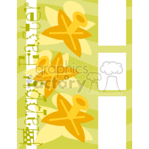 The clipart image is a decorative frame or border with a theme related to Easter. It features a stylized representation of flowers, predominantly in yellow and orange hues, set against a green striped background with lighter green shades forming a pattern that resembles leaves or petals.
The flowers are abstract and simplified, without detailing, giving the design a modern or minimalistic look. Around the edges of the frame, there are white rectangular spaces that could be used to insert text or other design elements.
The text Holidays Easter is represented in a vertical, playful, disjointed manner alongside the left border. The color scheme and floral design evoke a sense of spring and celebration, which are commonly associated with Easter festivities.