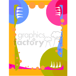 The image is a colorful clipart-style border or frame themed around dental hygiene. The frame features stylized representations of toothbrushes with toothpaste, and these elements are placed at the corners of the white central area where text or other images could be added. The toothbrushes are blue and pink, and there are small circles and decorative elements in orange, yellow, pink, and blue that embellish the border. The style is playful and abstract, suitable for a poster or an invitation related to dental health or a children's dental clinic.