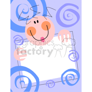 The clipart image features a whimsical drawing of a girl with her face and hands peeking over what appears to be a blank sign or frame. The girl has a simple, cartoon-style design with a round face, prominent nose, and big, friendly smile. Her hair is drawn with jagged lines suggesting a messy or playful hairstyle.
Surrounding the frame or border are decorative elements that resemble swirls or spirals in a shade of blue. These elements add to the playful and creative aesthetic of the image. The background is in a lighter shade of purple, providing a contrast that makes the main figure and the decorative swirls stand out. The blank center of the frame offers space where text or another image could be added, making it a versatile graphic for various applications.