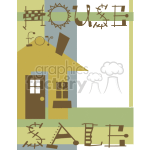 The clipart image shows a stylized frame or border with various home- and sale-related items. There is a central blank space, potentially for text or additional graphics. Around this space, you can see a simplified representation of a yellow house with a brown door and windows.
The image's style is cartoonish and abstract, likely designed to be used in advertising, as a flyer border, or as a decorative element in a real estate context.