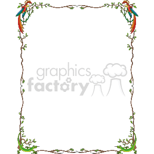The clipart image depicts a tropical jungle-themed border. At the top corners, there are two colorfully illustrated parrots, each perched on a branch. The branches extend from each parrot, framing the top part of the border with leaves spread out along them. Down the sides, vines with leaves weave their way towards the bottom of the frame. At the bottom corners, there are two lizards, each at the base of a vine, giving a balanced look to the decoration. The entire frame is designed to evoke the sense of a tropical jungle with its wildlife and foliage, creating an inviting space for text or images to be placed within the center area.