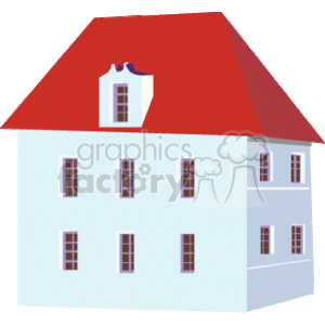 The clipart image features a two-story home with a red gabled roof. The house appears to be a simple, stylized representation typical for real estate or construction-related themes. It has multiple windows symmetrically placed on both floors and a single attic window centered in the roof. The walls are light blue, and the windows have brown shutters. This type of image could be used for various purposes, including advertising homes for sale, illustrating concepts related to housing or residential architecture, or representing the home construction industry.