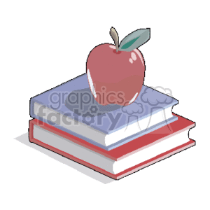 The clipart image depicts a red apple resting on top of a small stack of two hardcover textbooks, which are placed in descending order of size with the largest at the bottom. The colors of the books from top to bottom are blue then red. This image evokes concepts related to education, learning, teaching, and the traditional symbol of an apple for the teacher.
