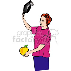 Cartoon student holding an apple and cap