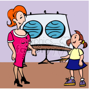 The image depicts a cartoon of a female teacher and a young female student in a classroom setting. The teacher is standing beside a whiteboard that has illustrations resembling sections of the planet Earth, possibly part of an atlas map. The teacher, with her hand possibly pointing to the board, seems to be explaining a concept, while the student looks on with an enthusiastic and cheerful expression, suggesting a sense of happiness and interest in the learning activity. Both characters appear to be in a state of engagement, the student slightly leaning forward, signaling excitement and curiosity.