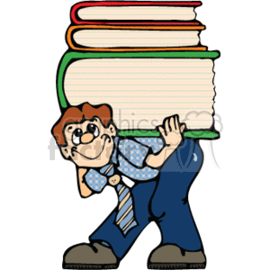 The clipart image depicts a boy dressed in a country style with overalls and a tie, holding a large stack of books. His facial expression suggests effort or determination, conveying the idea of hard work in education or a love for reading. This image is suitable for educational themes involving students, teachers, schools, books, and the pursuit of knowledge.