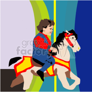 The image is a colorful clipart of a young child riding a carousel horse. The horse looks like it is part of a merry-go-round, a common amusement park ride. Bright colors are used, indicating the fun and vibrant atmosphere typically found at amusement parks.