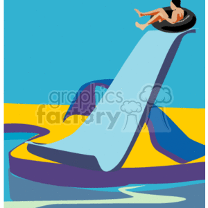 The image is a stylized clipart illustration of a water slide at an amusement park. The water slide features a steep slope and a twisting design. There is a person riding a tube down the slide, with water depicted around the structure to indicate the aquatic nature of the ride.