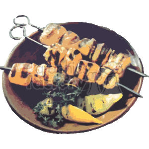 The clipart image depicts a skewer of grilled chicken shish kabob. The skewer is laid across what appears to be a plate with chunks of chicken that have grill marks on them, indicative of them being cooked on a grill. Accompanying the chicken on the skewer are pieces of vegetables. Additionally, there are lemon wedges and herbs on the plate which are commonly served with grilled dishes to enhance flavor.
