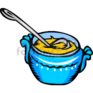 The image is a clipart depicting a blue bowl filled with a yellow grain-like substance and a spoon inserted into it. The bowl has a decorative pattern and seems to be designed for serving food.