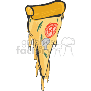 This clipart image depicts a single slice of pizza with cheese that appears to be melting or dripping. The pizza is topped with what looks like slices of pepperoni or tomato and a few pieces of mushrooms.