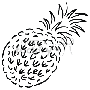 The image is a black and white line drawing of a pineapple. It depicts the textured surface of the pineapple with its characteristic diamond-shaped pattern of eyes and the spiky leaves protruding from the top.