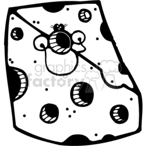 The image depicts a caricatured wedge of Swiss cheese, which is typically characterized by its distinct holes known as 'eyes'. The cheese is represented in a playful, cartoon-like style, suitable for a variety of casual or educational purposes related to food and nutrition. There's also a small, cartoonish mouse popping out from one of the holes in the cheese, adding a whimsical touch to the image.