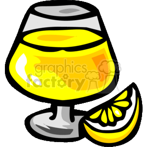 The clipart image depicts a snifter glass filled with a yellow-orange beverage, which could be a representation of a variety of alcoholic drinks such as brandy, whiskey, or cognac. Additionally, there is a slice of lemon positioned next to the glass, suggesting that the beverage may be served with a citrus garnish. The glass features a wide bowl with a narrow top, which is characteristic of glasses used to serve spirits, enhancing the aroma and flavor experience.
