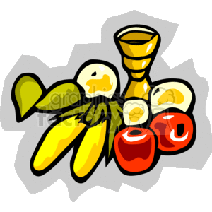 The clipart image features a collection of fruits and a drink, including bananas, apples, a glass of juice, and possibly slices of another type of fruit like apricots or peaches. The image has a bold, cartoonish style and uses vibrant colors.