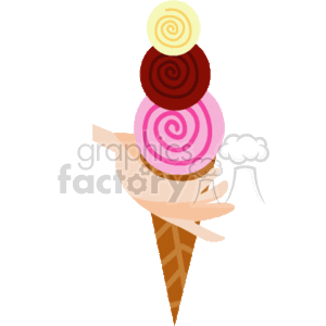 The image depicts a hand holding a tall ice cream cone with three scoops of ice cream piled on top of each other. The ice cream scoops appear to be different flavors, indicated by the variety of colors and swirls.