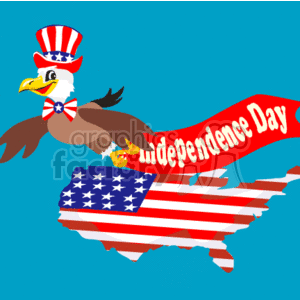 The clipart image contains an illustration of an eagle wearing a top hat and bow tie featuring the pattern and colors of the American flag. The eagle is carrying a red ribbon banner with the words Independence Day written on it. In its talons, the eagle grasps an American flag stylized to resemble the outline of the United States map. The eagle itself is depicted mid-flight and the background is a solid blue.