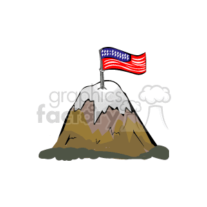 The image depicts a mountain with its peak covered in snow, and on top of the mountain, there is an American flag waving in the air. This represents patriotism and the celebration of Independence Day, commonly known as the 4th of July, in the United States.