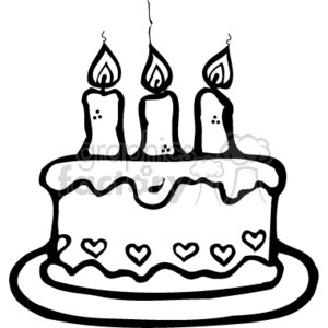 The clipart image features a country-style birthday cake with three candles on top. The outlines are in black, and the cake is decorated with heart shapes along its side. The image is in a simple, doodle-like, line art style.