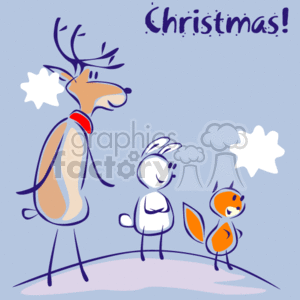 This clipart image features a group of three cute animals associated with winter or Christmas. There is a reindeer with noticeable antlers and a red collar, a rabbit with prominent ears standing upright, and a small fox with a bushy tail. All three characters appear to be looking upward. The background has a cool winter-blue shade with snowflakes or clouds, and the word Christmas! is prominently displayed at the top in a festive manner. The ground suggests a snow-covered surface. 