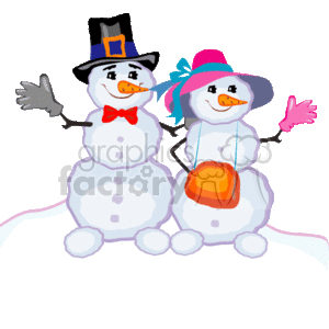 The image shows two cartoon-style snowmen standing next to each other. The one on the left appears to be depicted as male, wearing a black top hat, red bow tie, and has a traditional carrot nose, with a joyful expression and waving with one hand. The one on the right, possibly depicted as female, has a colorful winter hat, a blue scarf, a carrot nose, and a cheerful smile, with mittened hands raised as if in a welcoming or happy gesture. They both have buttons down their fronts and are set against a plain white background, implying a snowy scene.
