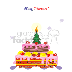 This clipart image depicts a festive Christmas-themed cake with multiple layers. The cake features pink frosting and is decorated with yellow frosting swirls and red cherries on top. Each layer appears to have a different design. Atop the cake sits a small green Christmas tree with a candle flame burning brightly above it, representing the star or pinnacle decoration often found on Christmas trees. The surrounding area has a black background sprinkled with white snowflakes. The text Merry Christmas! is visible at the top in a joyful font.