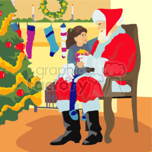 The image is a colorful clipart that depicts a Christmas scene. It features Santa Claus seated and a young girl standing beside him. Santa is holding a gift, presenting it to the child. In the background is a decorated Christmas tree with baubles and a star, next to a mantel adorned with Christmas stockings and a lit candle. 