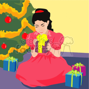 In the clipart image, there is a happy girl dressed in a red dress with a matching red hair accessory. She is sitting down and appears to be opening a bright Christmas gift with a yellow ribbon. There are additional wrapped Christmas presents nearby, one in blue wrapping and the other in purple. Part of a decorated Christmas tree with red ornaments is visible in the background.