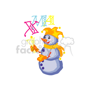 The clipart image contains a festive snowman adorned with what appears to be yellow bulbs or decorations similar to a jester's hat. The snowman is holding a bell, and behind it are abstract holiday decorations and some characters saying 