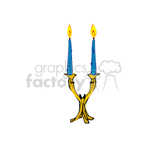 The clipart image shows a pair of light blue candles with glowing flames, set in a golden holder. Each candle has dripping wax detail that indicates they have been lit for a little while. The holder has a simple, elegant design with a curved structure supporting the candles, which suggests a holiday or decorative theme.