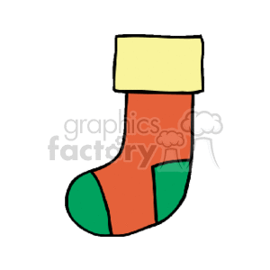 The image is a simple clipart of a traditional Christmas stocking. The stocking is primarily red with a yellow cuff at the top and green accents at the toe and heel.