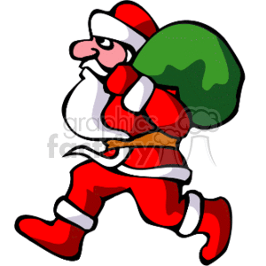 This clipart image shows a classic depiction of Santa Claus in his traditional red and white suit, with a green sack thrown over his shoulder. Santa is shown in profile, appearing to walk purposefully, possibly delivering gifts.