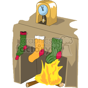 The clipart image depicts a cozy Christmas scene with three different Christmas stockings hung in a row on a mantel. The mantel is brown, and there's a golden vintage clock on top, showing it's almost midnight. Below the mantel, a warm yellow and orange fire is burning in the fireplace. Each stocking has a different design and color: the first one is green with a red toe and heel, the second is plain yellow with a white cuff, and the third is striped with alternating green and white with a red toe and heel.