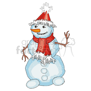 The clipart image features a cheerful snowman with a red scarf and a red hat. The snowman has a carrot nose, a happy expression, stick arms, and buttons down the front.